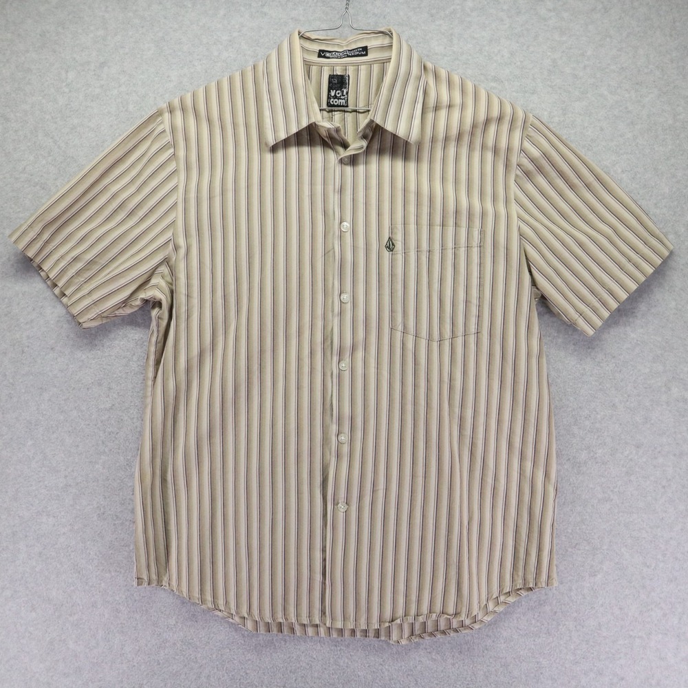 Volcom Shirt Mens Medium Skater Casual Pocket Button Up Tan Striped Short Sleeve